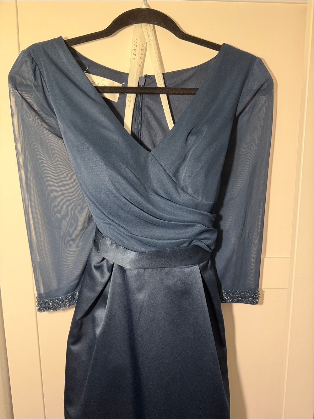Elegant Blue V-Neck Azazie Evening Dress with Sheer Sleeves